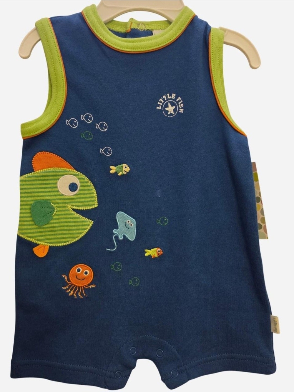 Little Me Navy Blue Fish Applique Sleeveless Romper with Green and Orange Trim